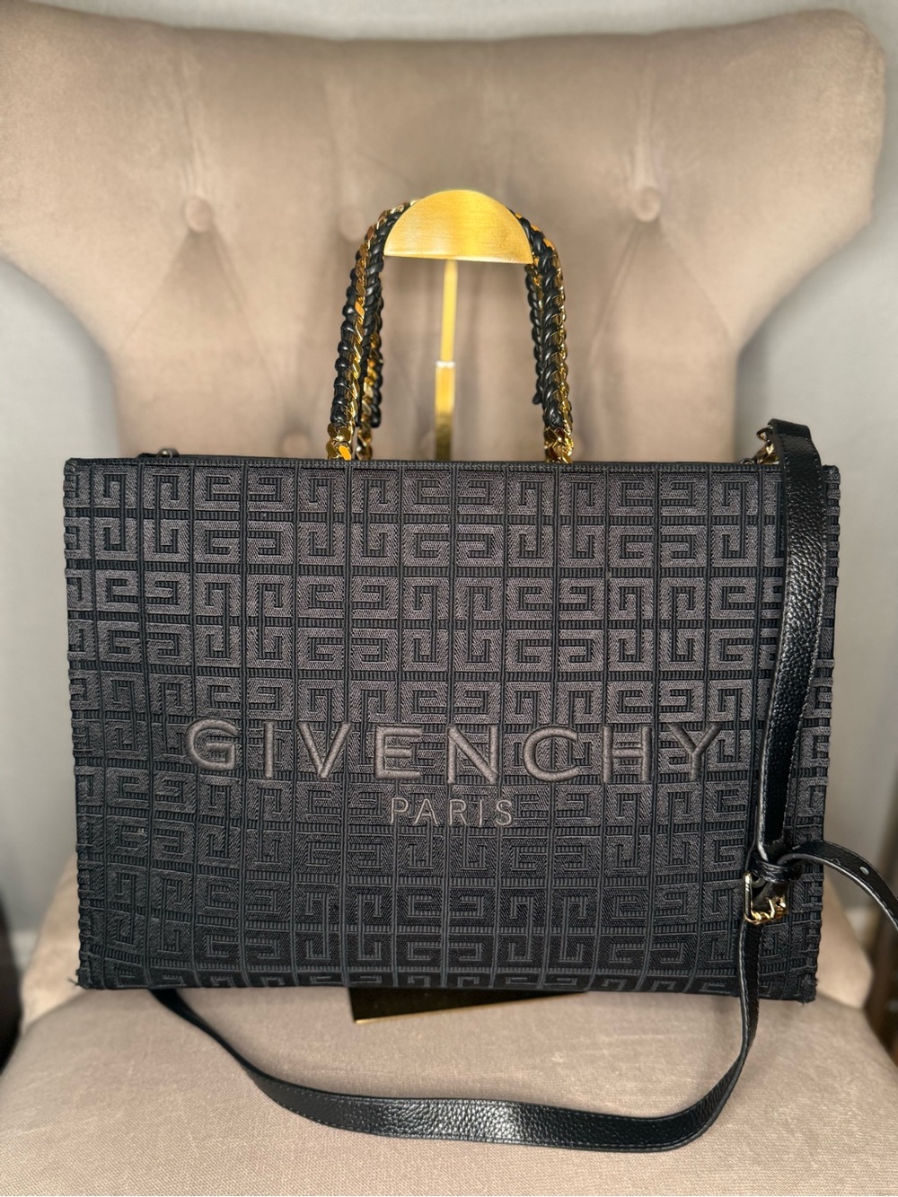 Givenchy Black Jacquard Logo Tote with Chain Handles